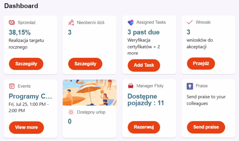 Dashboard Viva Connections z interaktywnymi kaflami