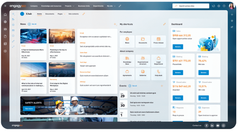 Tablica ogłoszeń, dashboard i wyszukiwarka na stronie domowej intranetu.